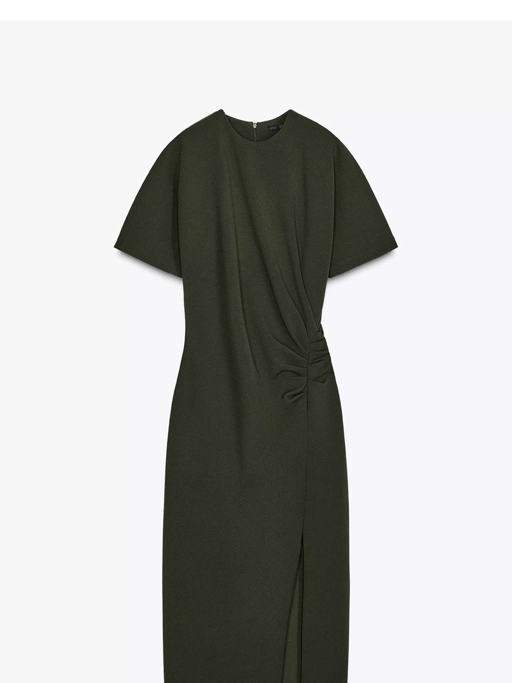 Zara Olive Green Side-Ruching Midi Dress